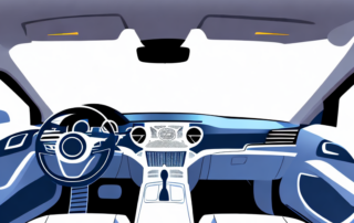 A car interior highlighting different parts like the dashboard