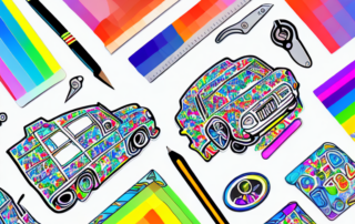 A car with various creative and colorful stickers on it