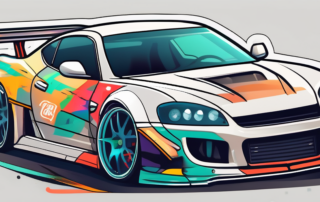 A sleek car adorned with various vibrant tuning stickers