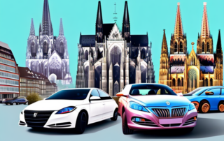 A variety of cars with different vibrant foil wraps parked in front of iconic cologne landmarks like the cologne cathedral and hohenzollern bridge