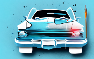 A car with visible paint damage on one side and a set of car repair tools like a spray paint can