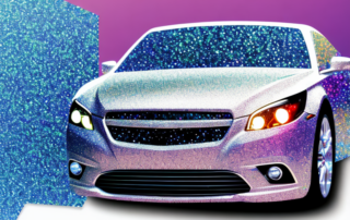 A car gleaming with a variety of glitter foil designs in different colors