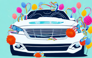 A car adorned with various decorations like flowers