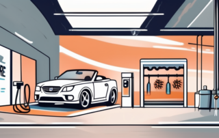 A convertible car entering a car wash station