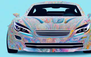 A car with various sections creatively partially wrapped in different patterns and colors