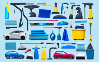 Various car cleaning tools like a bucket