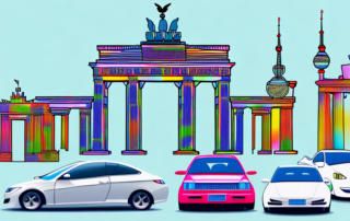 A variety of cars in different vibrant colors and patterns parked in front of iconic berlin landmarks