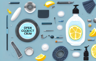 An open car cockpit with various natural cleaning supplies like a vinegar spray bottle