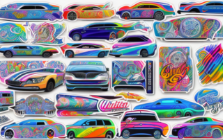 A variety of colorful and unique auto stickers placed creatively on different parts of a car