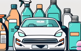 Various cleaning supplies like brushes