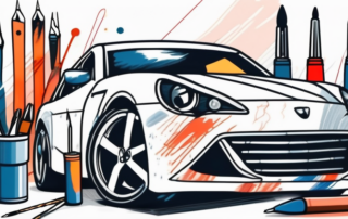 A car with a small scratch being repaired using a paint pen