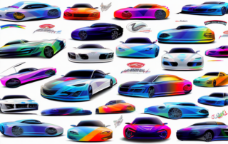 A variety of unique and colorful car stickers placed on different parts of a sleek