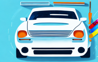 A car in a professional garage with various painting tools and equipment around