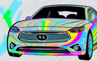 A car being customized with various colorful vinyl wraps using a digital configurator interface
