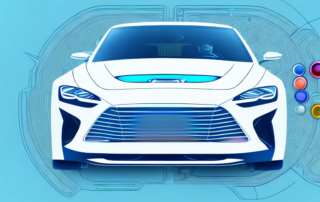 A computer screen displaying a car design simulation software with various color options and patterns