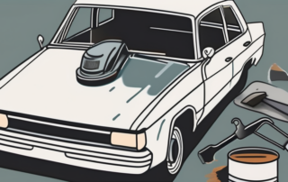 A car with visible rust spots and tools such as a sander