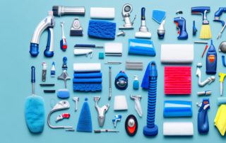 A variety of car cleaning tools such as a bucket of soapy water