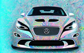 A unique and vibrant car wrapped in a glossy