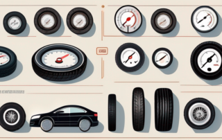 Various types of car tires with pressure gauges