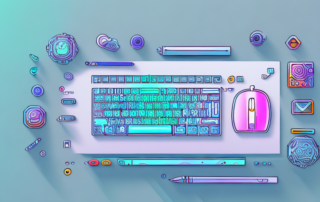 A computer mouse and keyboard with a stylized car on the screen