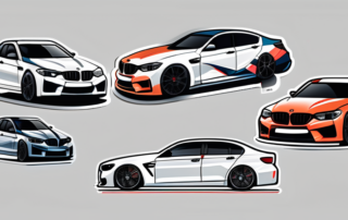 A variety of m performance car stickers placed strategically on different parts of a sleek