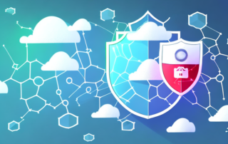 A shield symbolically protecting a cloud (representing cloud data storage) from menacing digital viruses or malware