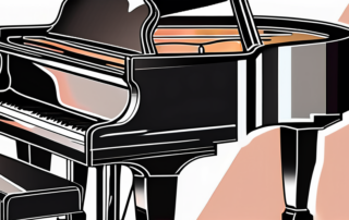 A glossy black grand piano with a polishing cloth and a bottle of polish resting on top