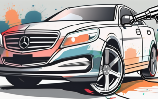 A car being painted with various tools such as a spray gun