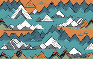 A mountainous landscape with a few brightly colored kettcar stickers placed on prominent boulders and peaks