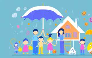 A protective umbrella covering a symbolic house and some toys