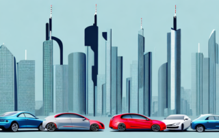 The frankfurt skyline with a variety of cars in different colours and finishes