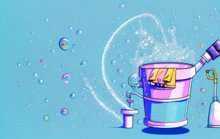 A car covered in soap bubbles with a water hose and a bucket full of cleaning tools nearby