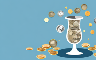 A broken vase with a few coins next to it