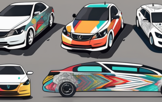 A variety of unique and colorful car stickers placed on different parts of a sleek