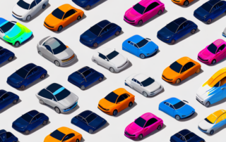 Several cars in different trendy colors parked in a line