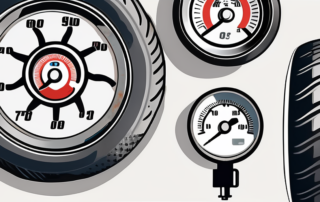 A variety of dunlop tires with a pressure gauge and an air pump