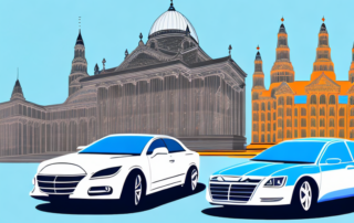 Several cars with different types of colorful and shiny foil finishes parked in front of iconic leipzig landmarks