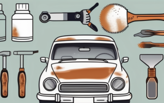A car with visible rust being treated with various tools and products