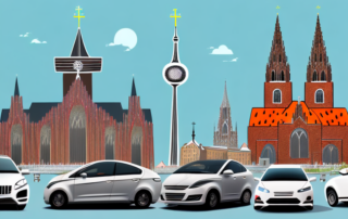 A variety of cars with different vibrant foil finishes parked in front of recognizable landmarks in düsseldorf