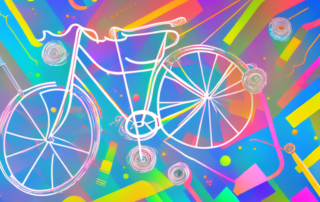 A bicycle in the process of being wrapped in a colorful foil