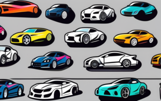 Various car tuning window stickers on a sleek sports car