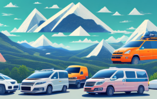 A mountain landscape with a variety of vehicles such as cars and vans