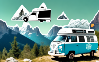 A camper van parked on a scenic mountain landscape with various outdoor adventure gear scattered around