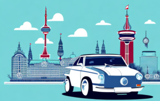 A car in the process of being wrapped (foliated) with a backdrop of iconic düsseldorf landmarks like the rhine tower and the media harbour