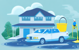 A residential property with a car being washed on the driveway