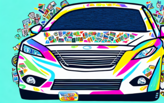 A car adorned with various colorful stickers
