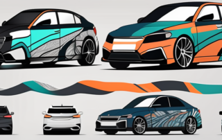Various vinyl wraps in different patterns and colors being applied to a car