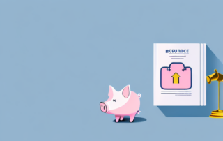 Various insurance policy documents and a piggy bank