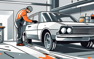 A professional paint workshop with various car parts being meticulously painted and polished