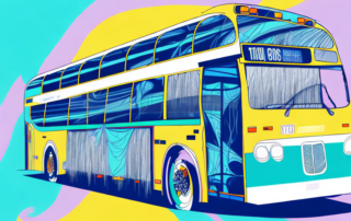 A bus in the process of being wrapped in a colorful vinyl film